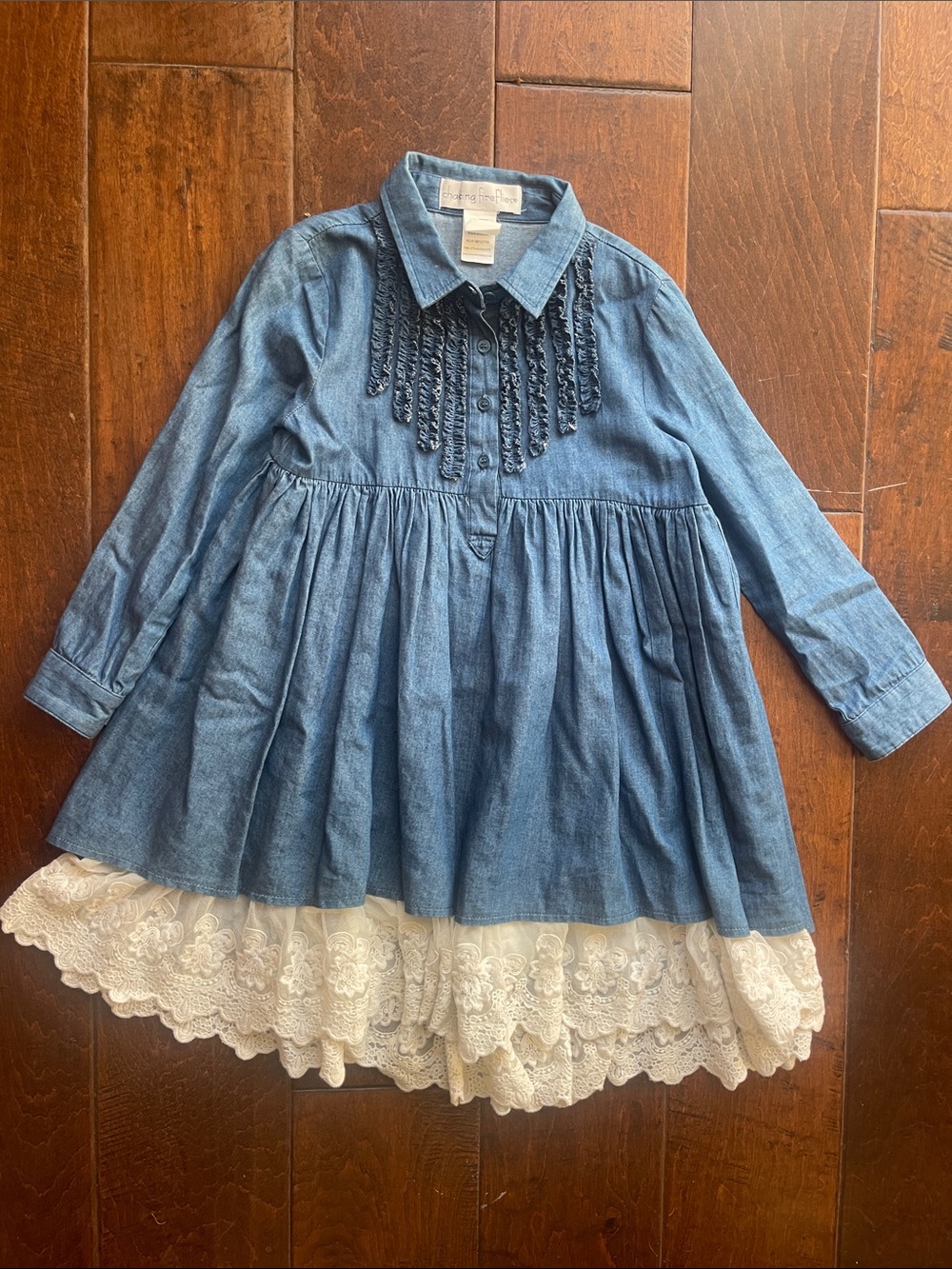 Chasing Fireflies Girls Dress Size 6 Blue Denim Dress with White Lace Trim